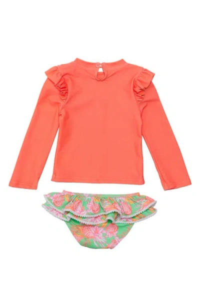 Snapper Rock Kids' Coastal Shells Ruffle Long Sleeve Two-piece Rashguard Swimsuit In Orange