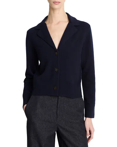 Vince Notch Lapel V-neck Wool Blend Cardigan In Blue