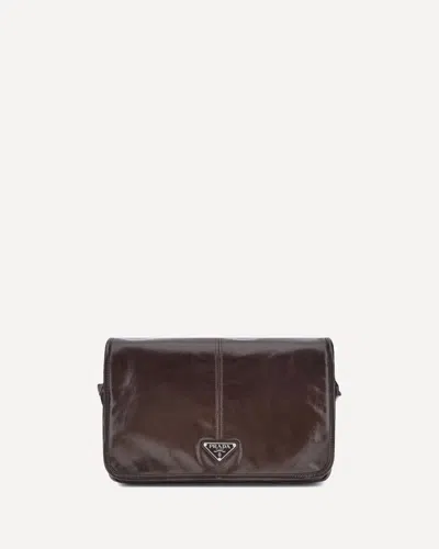 Prada Adjustable Leather Shoulder Bag With Zippered Welt Pocket In Brown