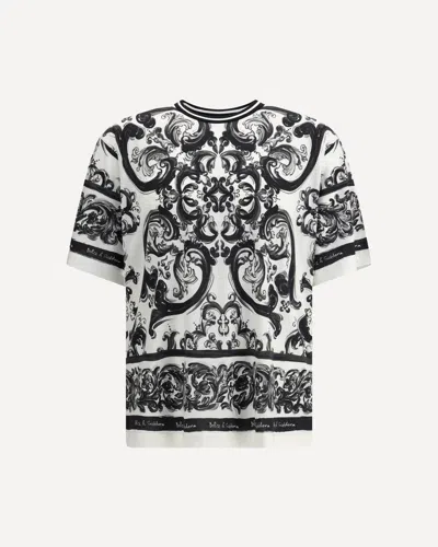 Dolce & Gabbana Men Black And White Crewneck T-shirt With All-over Graphic Print In Cotton Man In Multi