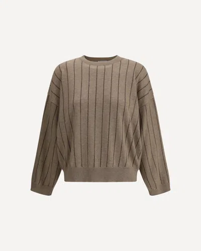 Brunello Cucinelli Sequin Striped Crew Neck Cashmere Sweater