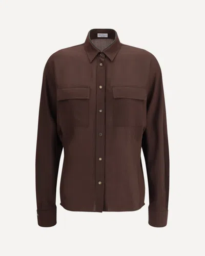 Brunello Cucinelli Embellished Collar Shirt In Brown