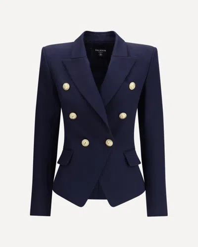 Balmain Black Double-breasted Jacket With Branded Buttons And Asymmetric Cut In Wool Woman In Blue