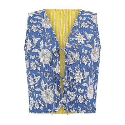 Yumi Women's  Blue Floral Reversible Cotton Quilted Waistcoat