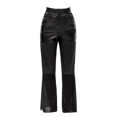 Maison Bogomil Women's Black Structured Flow – Trousers In Leather, Pinstripe & Sheer Knit