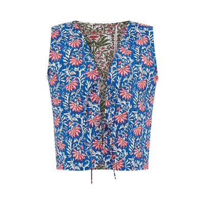 Yumi Women's  Blue Flower Reversible Cotton Quilted Waistcoat