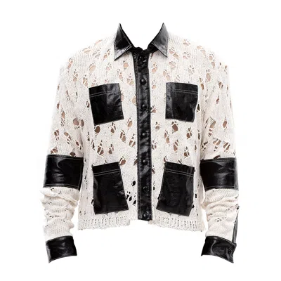 Maison Bogomil Men's Black / White Patch Rhythm – Knit Shirt With Leather Details