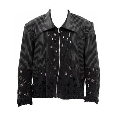 Maison Bogomil Men's Black Split Front – Zip Jacket In Pinstripe & Distressed Knit