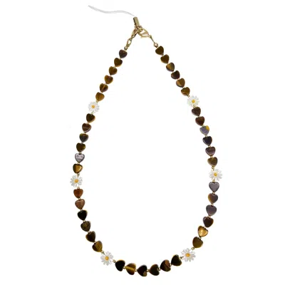 Farra Brown Heart Shaped Tiger-eye With Flower Shell Phone Strap