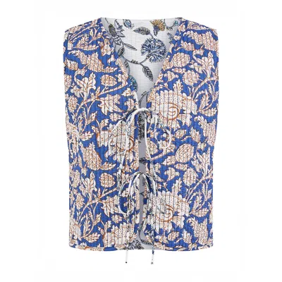 Yumi Women's  Blue Leaf Reversible Cotton Quilted Waistcoat