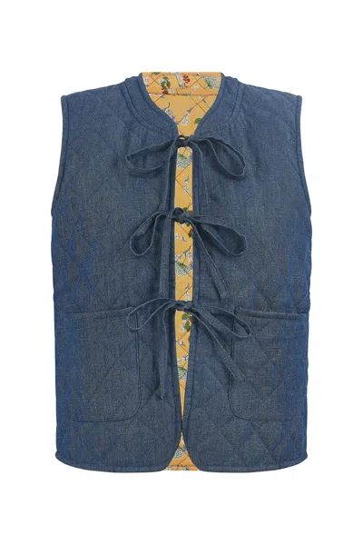 Yumi Women's  Blue Chambray Cotton Quilted Reversible Vest
