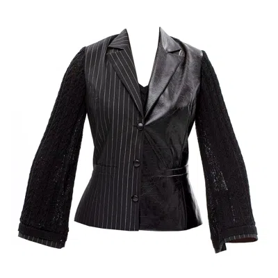 Maison Bogomil Women's Black Framed Tension – Blazer In Glossy Leather, Stripes & Textured Knit Sleeves