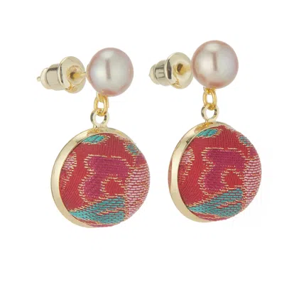 Soft Strokes Silk Women's Red Pure Silk Brocade Earrings With Freshwater Pearls