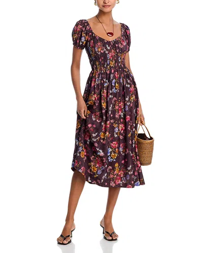 Aqua Floral Puff Sleeve Midi Dress - Exclusive In Brown