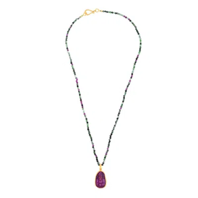 Opium Jewels Women's Pink / Purple / Blue Ruby Zoisite Necklace With Raw Cut Ruby Ganesha Pendant