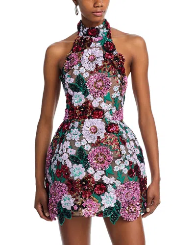 Bronx And Banco Deirdre Sequin Embroidered Halter Mini Dress In Purple