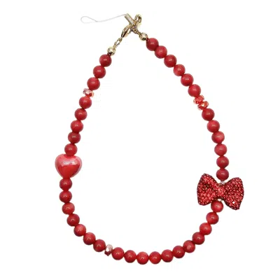 Farra Red Bamboo Coral With Red Rhinestone Butterfly Knot Phone Strap