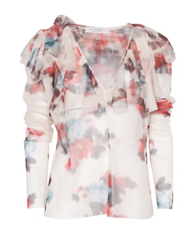 Philosophy Di Lorenzo Serafini White Blouse With Abstract Pattern And Ruffle Design