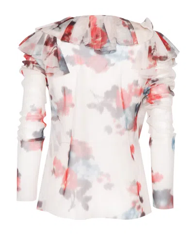 Philosophy Di Lorenzo Serafini White Blouse With Abstract Pattern And Ruffle Design