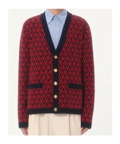 Valentino Garavani Patterned-intarsia Wool Cardigan In Red