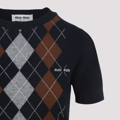 Miu Miu Cashmere Argyle Short-sleeve Sweater In Blue