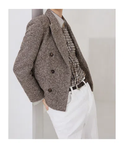 Brunello Cucinelli Wool Double-breasted Jacket With Front Pockets In Brown