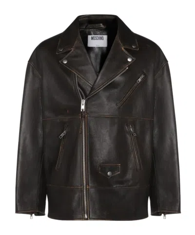 Moschino Leather Smiley Face Studded Jacket In Brown