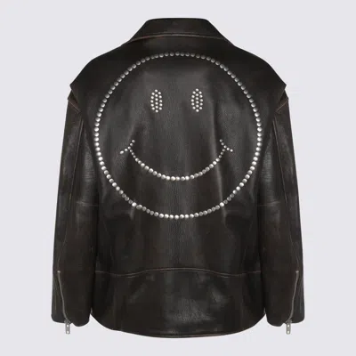 Moschino Leather Smiley Face Studded Jacket In Brown