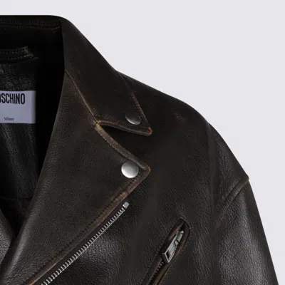 Moschino Leather Smiley Face Studded Jacket In Brown