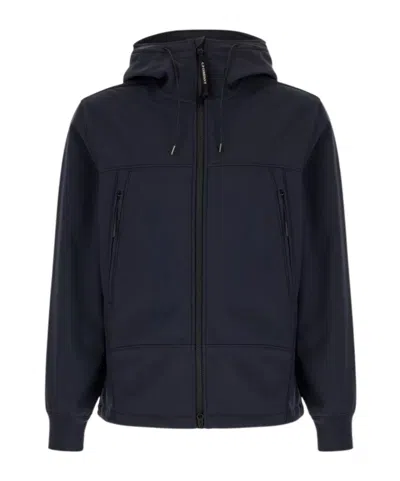 C.p. Company Blue Jacket With Drawstring Hood And Decorative Googles