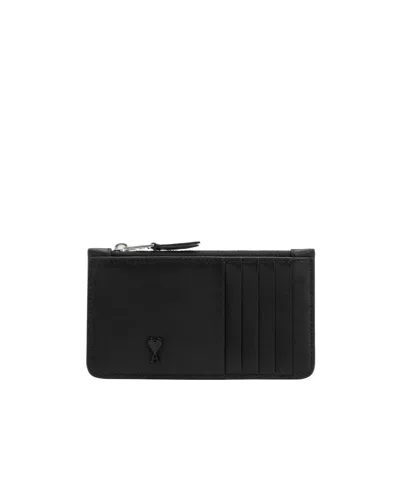 Ami Alexandre Mattiussi Black Smooth Leather Ami De Coeur Zipped Card Holder