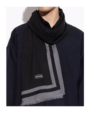 Emporio Armani Polka Dot Printed Frayed Edge Scarf In Black