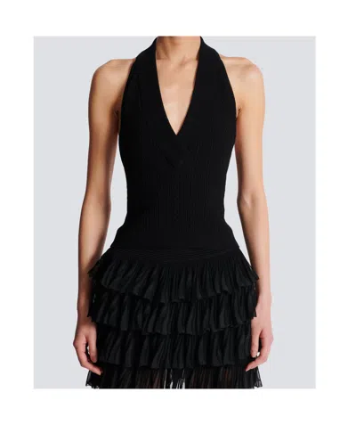 Balmain Ribbed Cable-knit Halterneck Top In Black