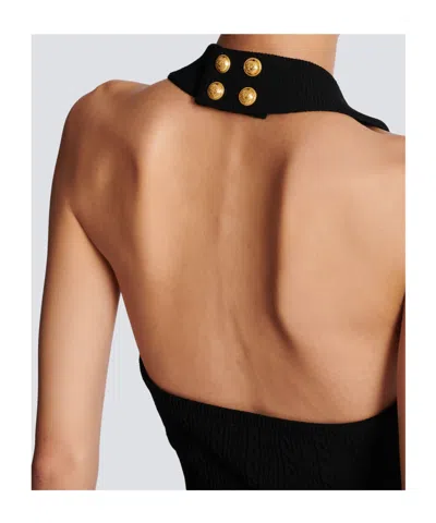 Balmain Ribbed Cable-knit Halterneck Top In Black