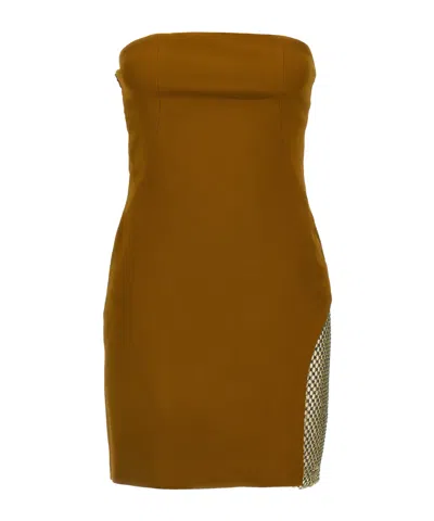 Attico Sequin Insert Strapless Fitted Dress With Side Mesh In Brown
