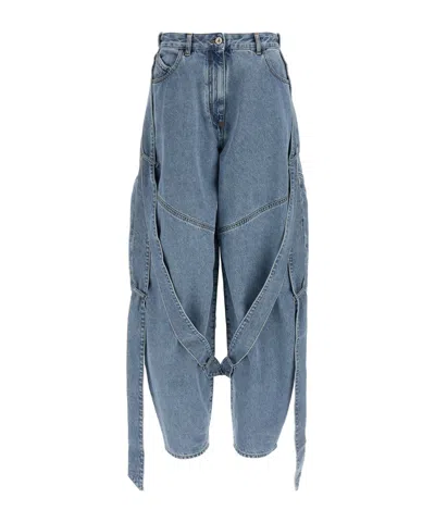 Attico Blue Jeans With Maxi Drawstring On The Front And Logo Patch On The Rear In Denim Woman In Blue