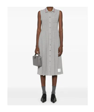 Thom Browne Rwb-stripe Pleated Midi Dress In Gray