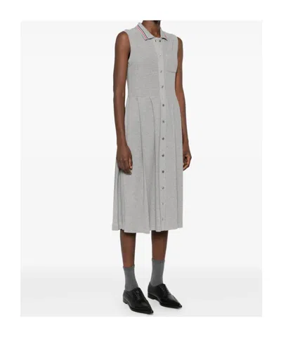 Thom Browne Rwb-stripe Pleated Midi Dress In Gray