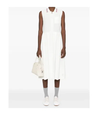 Thom Browne Rwb-stripe Pleated Midi Dress In White