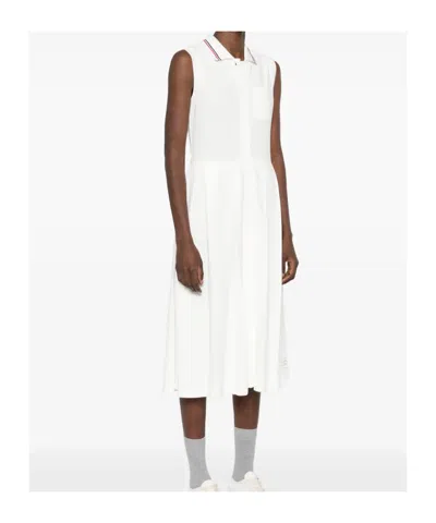 Thom Browne Rwb-stripe Pleated Midi Dress In White