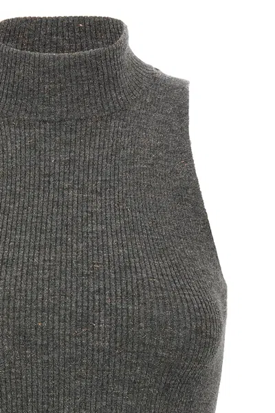 Brunello Cucinelli Sleeveless High Neckline Ribbed Top In Gray