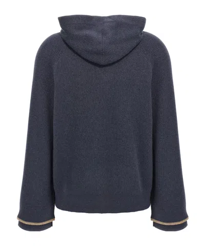 Brunello Cucinelli Ribbed Texture Hooded Sweater With Long Sleeves In Blue