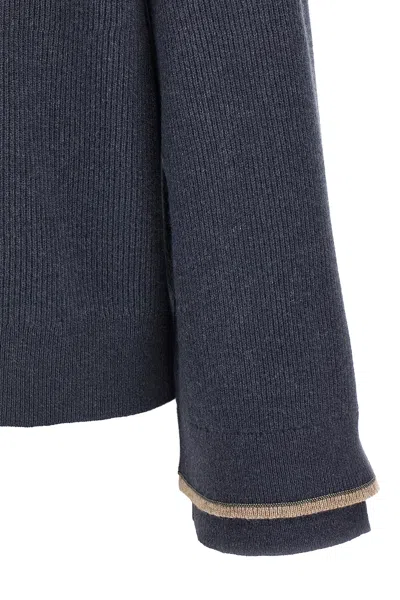 Brunello Cucinelli Ribbed Texture Hooded Sweater With Long Sleeves In Blue