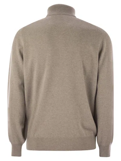 Brunello Cucinelli Men Cashmere Turtleneck Sweater With Zipper In Neutral