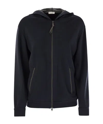 Brunello Cucinelli Women Cotton And Silk Interlock Hooded Topwear With Precious Stripe In Blue