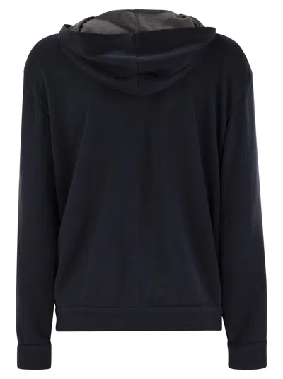 Brunello Cucinelli Women Cotton And Silk Interlock Hooded Topwear With Precious Stripe In Blue
