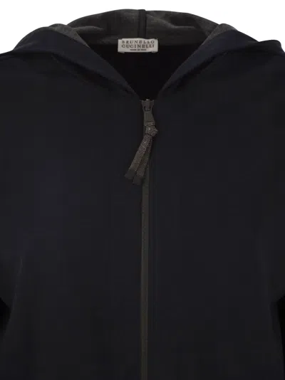 Brunello Cucinelli Women Cotton And Silk Interlock Hooded Topwear With Precious Stripe In Blue