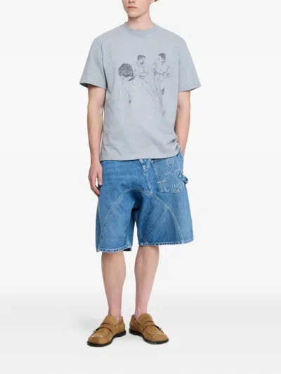 Jw Anderson Mens Mid Grey Melange Cafe Scene Crewneck Cotton-jersey T-shirt In Gray
