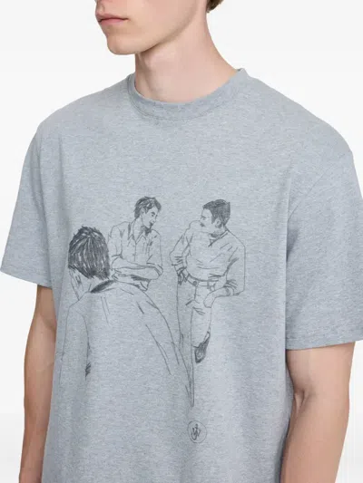 Jw Anderson Mens Mid Grey Melange Cafe Scene Crewneck Cotton-jersey T-shirt In Gray