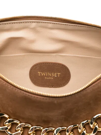 Twinset Twin-set Suede Crossbody Bag With Gold Chain Strap In Brown